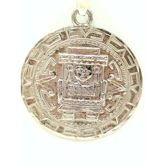 Sterling Silver Aztec Deity Round Pendant Necklace MEXICO STAMPED 17.5" - Picture 5 of 11